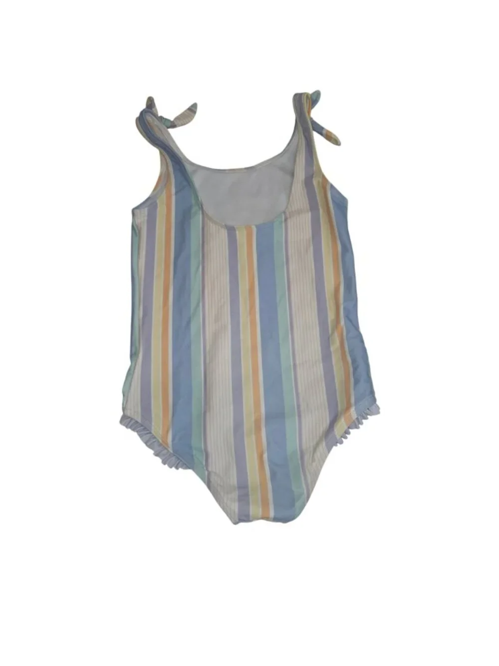 RuffleButts Girl 10 pastel rainbow stripe one-piece swimsuit features charming t